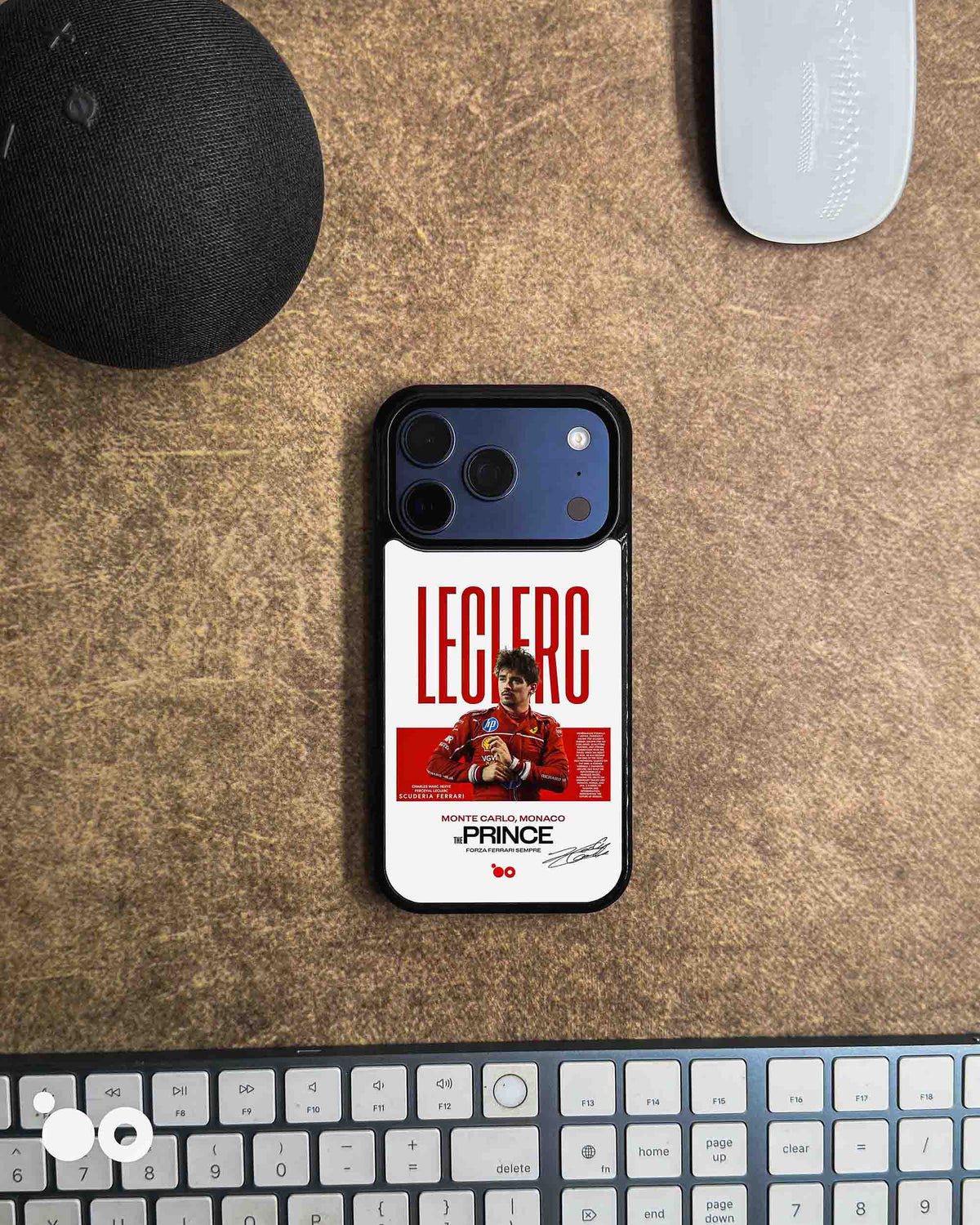Charles Leclerc Ferrari Formula One iPhone case featuring Leclerc in his red Scuderia Ferrari racing suit, bold LECLERC typography and Monaco-inspired editorial graphics on a white background.