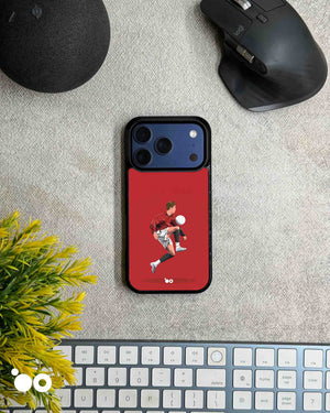 Cristiano Ronaldo Red Motion iPhone case featuring minimalist football artwork of CR7 in action on a red background