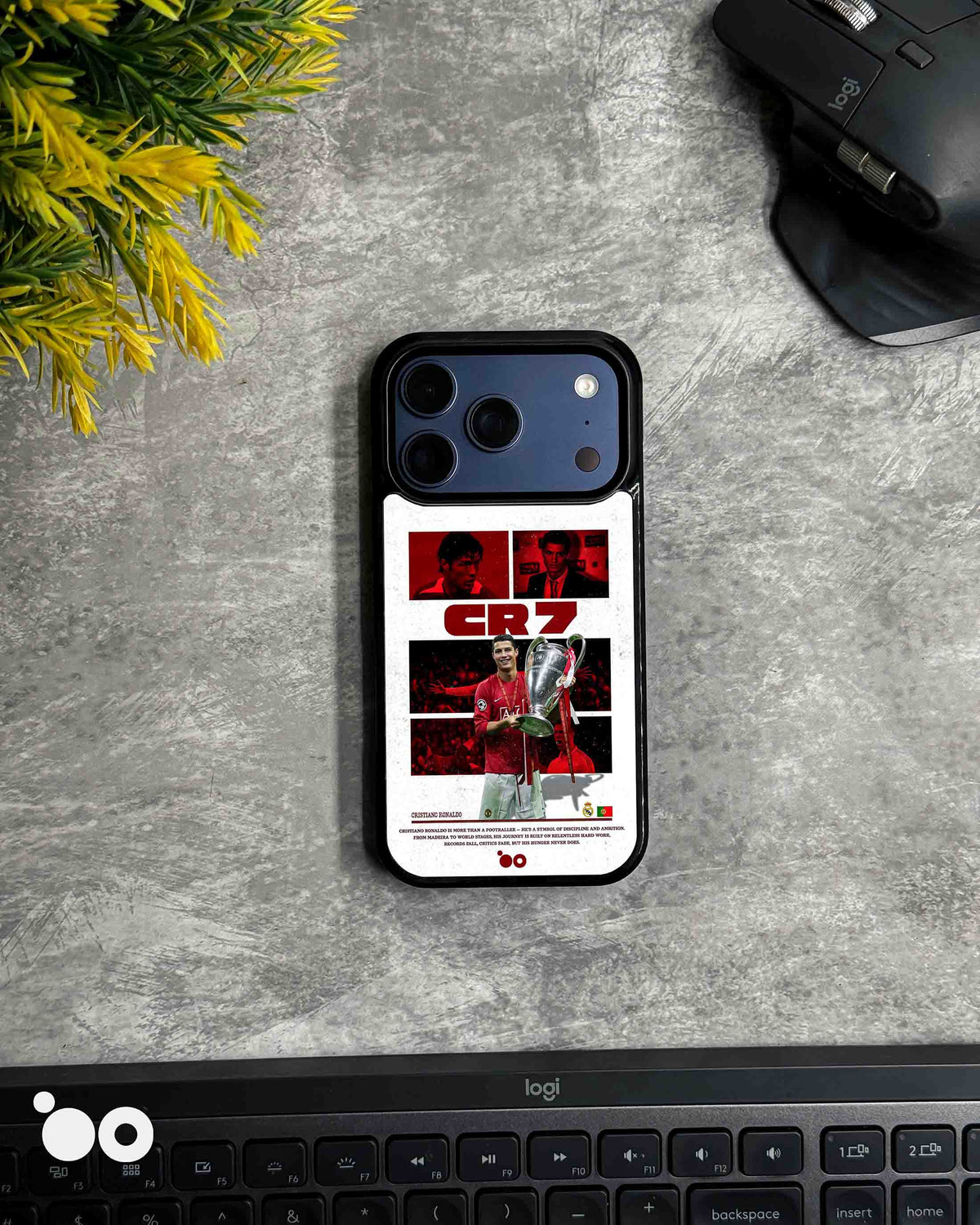 Ronaldo European Legacy iPhone case featuring Cristiano Ronaldo holding the Champions League trophy in a red CR7 collage