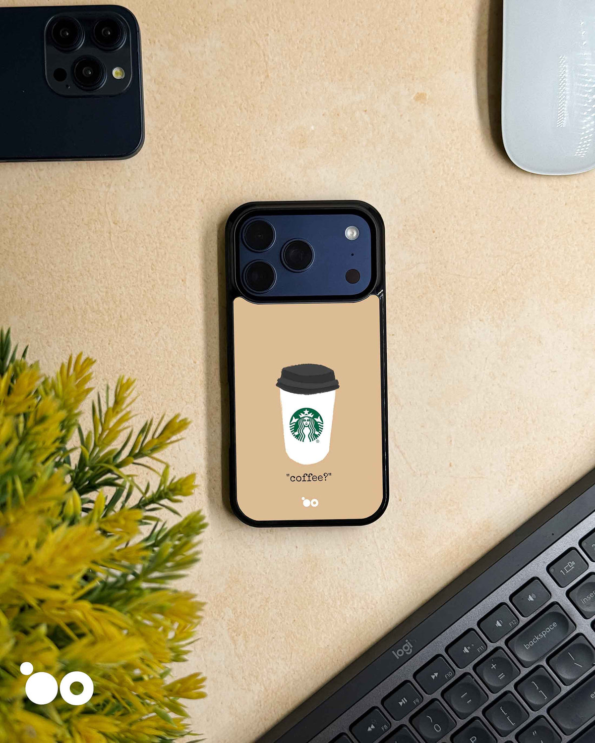 Coffee? iPhone case design with a white Starbucks takeaway cup, black lid, green siren logo and coffee lettering on beige