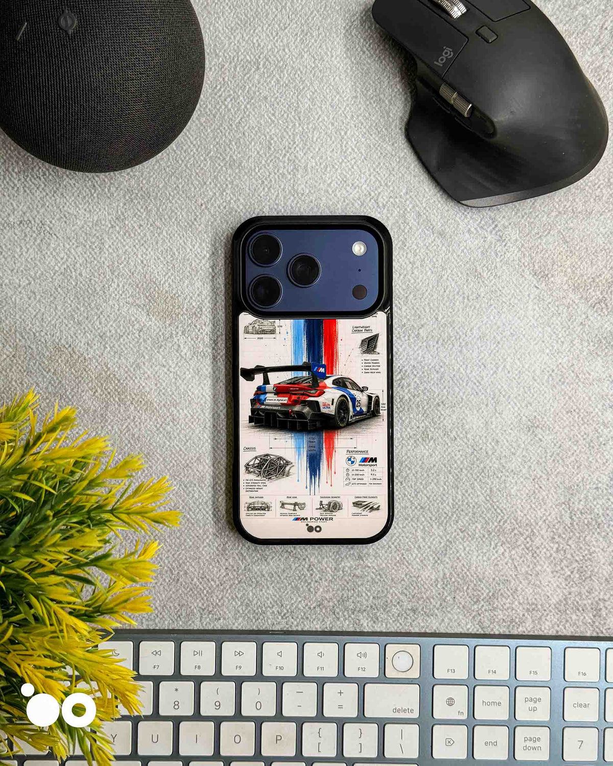 BMW M Motorsport Blueprint iPhone case featuring a BMW race car, technical diagrams and signature M racing stripes.