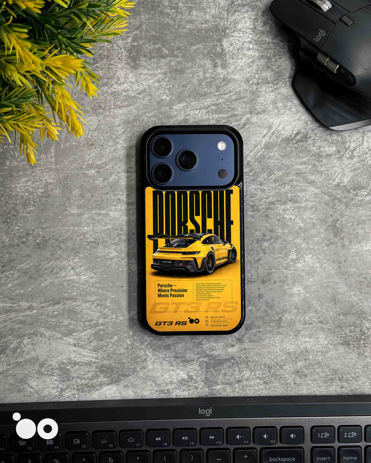 Porsche GT3 RS iPhone case featuring a yellow Porsche 911 GT3 RS in rear three-quarter view, bold black Porsche typography, Porsche crest and motorsport-inspired graphics on a vibrant yellow background.