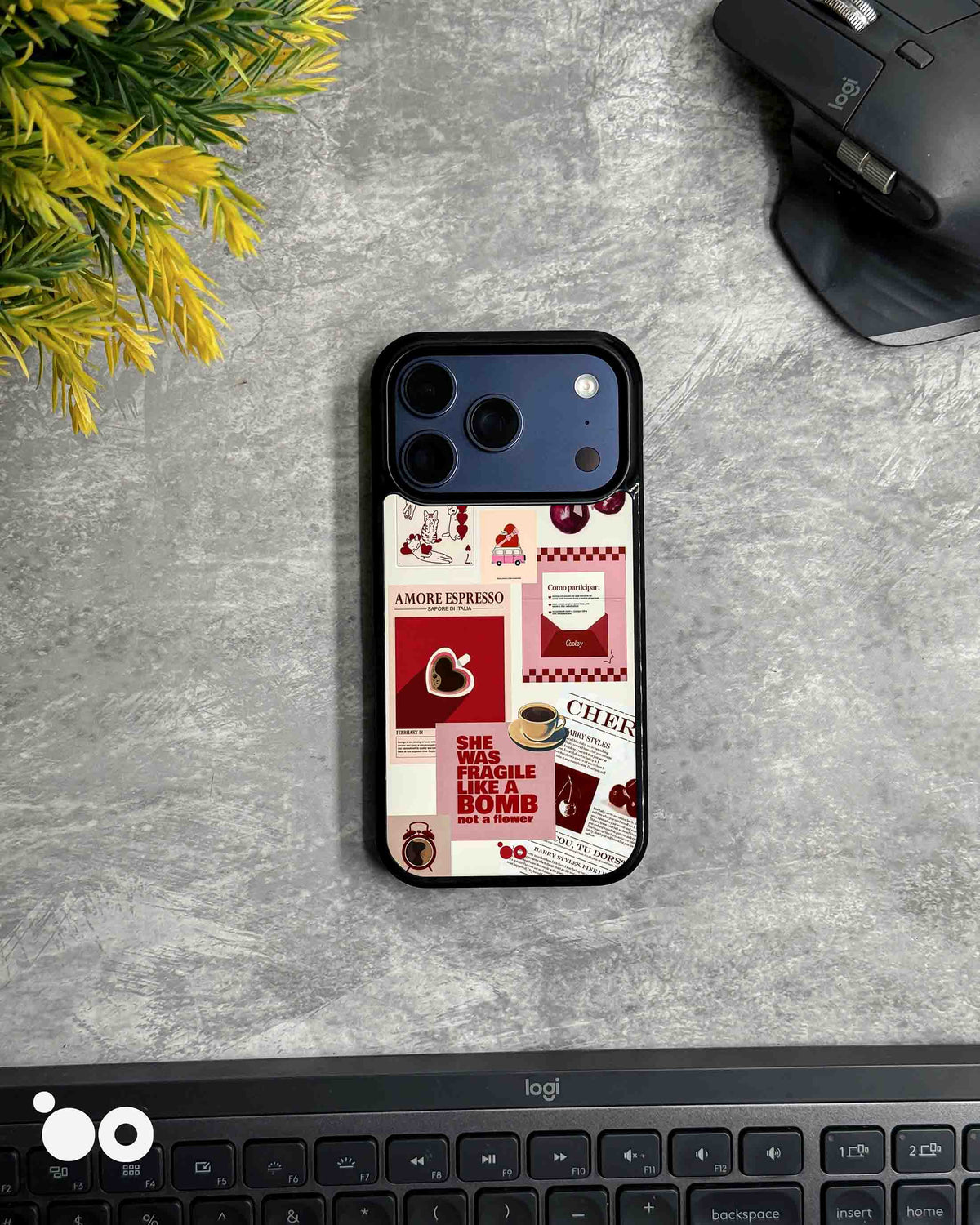 Cherry Espresso designer iPhone case featuring pink and red café collage with heart-shaped coffee, cherries and retro typography.