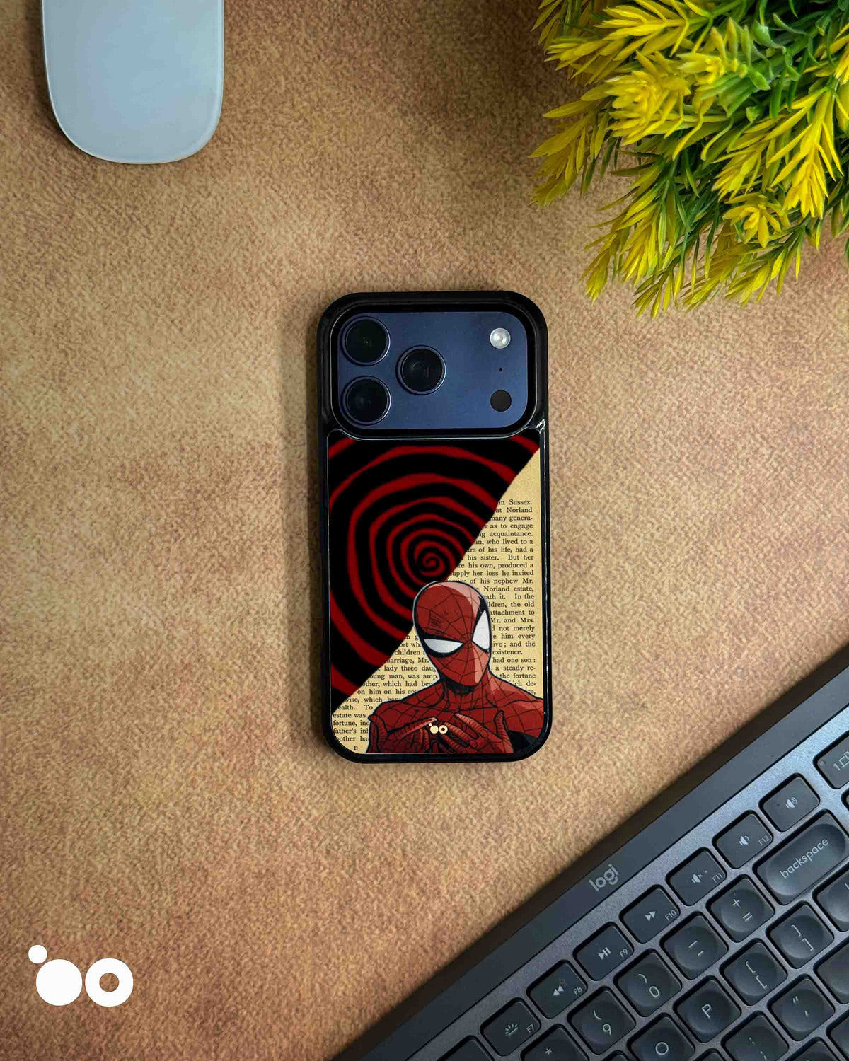 Spiral Web Spider-Man iPhone case featuring red and black hypnotic spirals, vintage book text and comic artwork