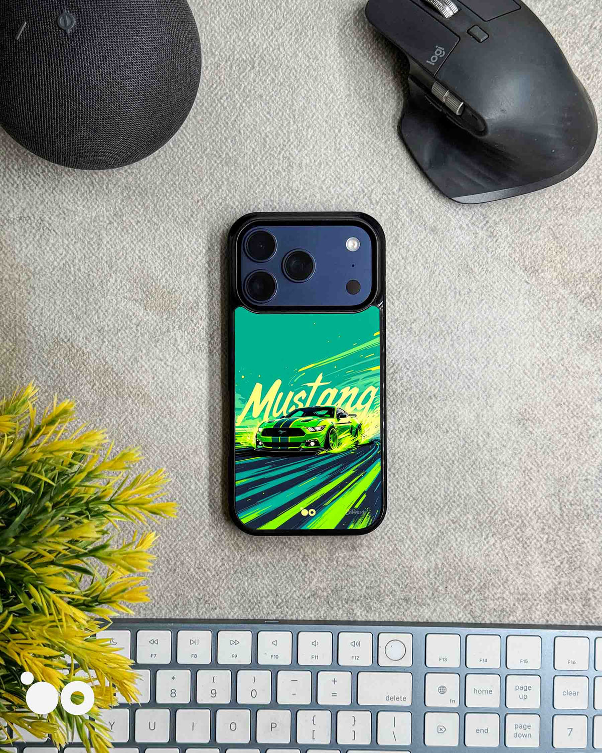 Neon Stallion iPhone case featuring a vivid green Ford Mustang, bold Mustang lettering and dynamic teal racing graphics