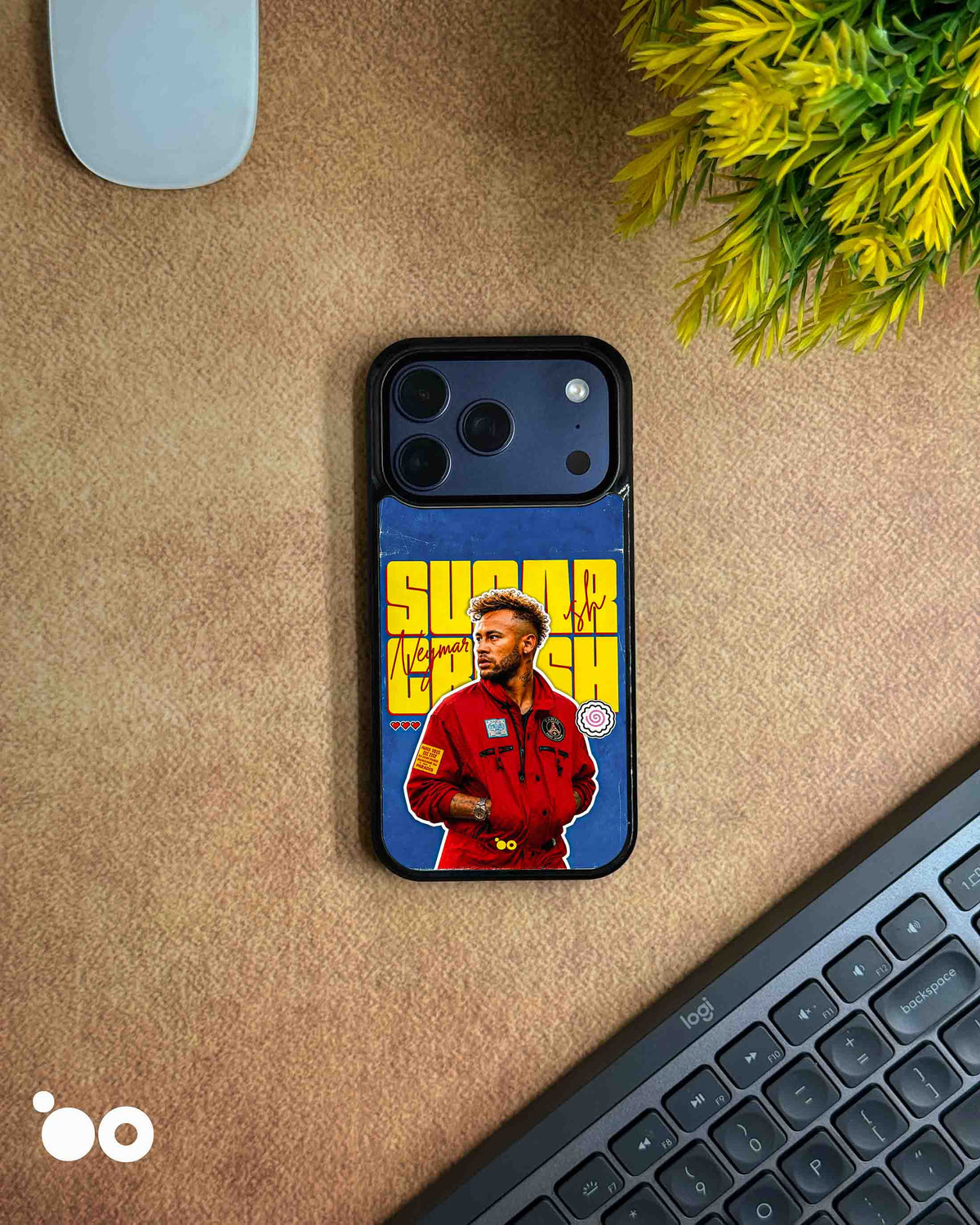 Neymar Sugar Crush iPhone case featuring Neymar Jr in a red PSG outfit with bold yellow typography on a blue background