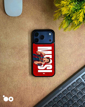 Lionel Messi Barcelona 10 iPhone case with red background, bold white typography and illustrated shirt-pull celebration