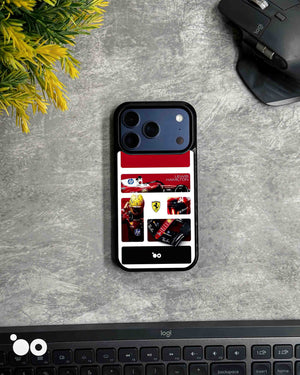 Hamilton in Red iPhone case featuring Lewis Hamilton in Ferrari racing gear, F1 car artwork and red racing collage