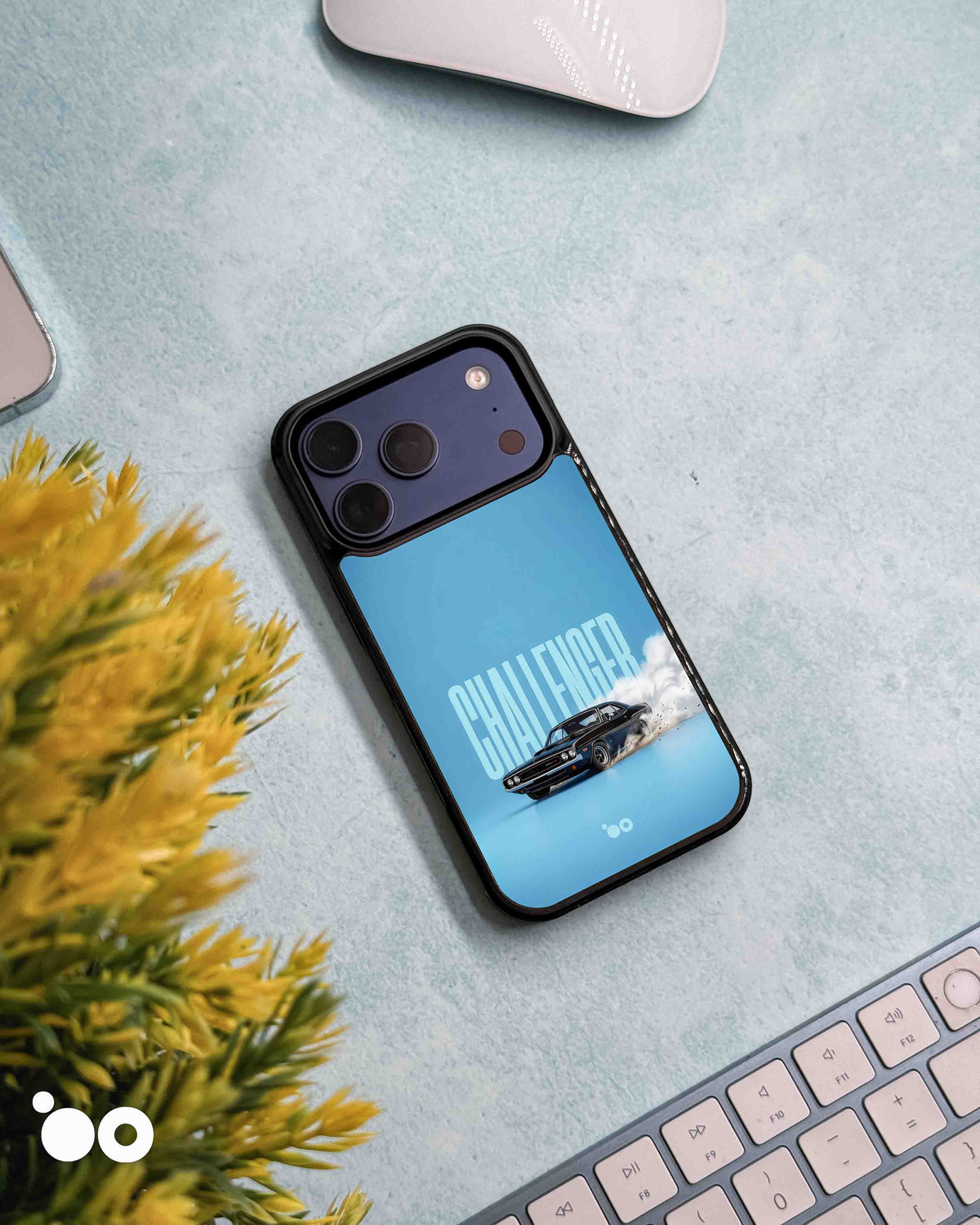 Blue Burnout iPhone case featuring a classic black Dodge Challenger muscle car, smoky burnout and bold typography