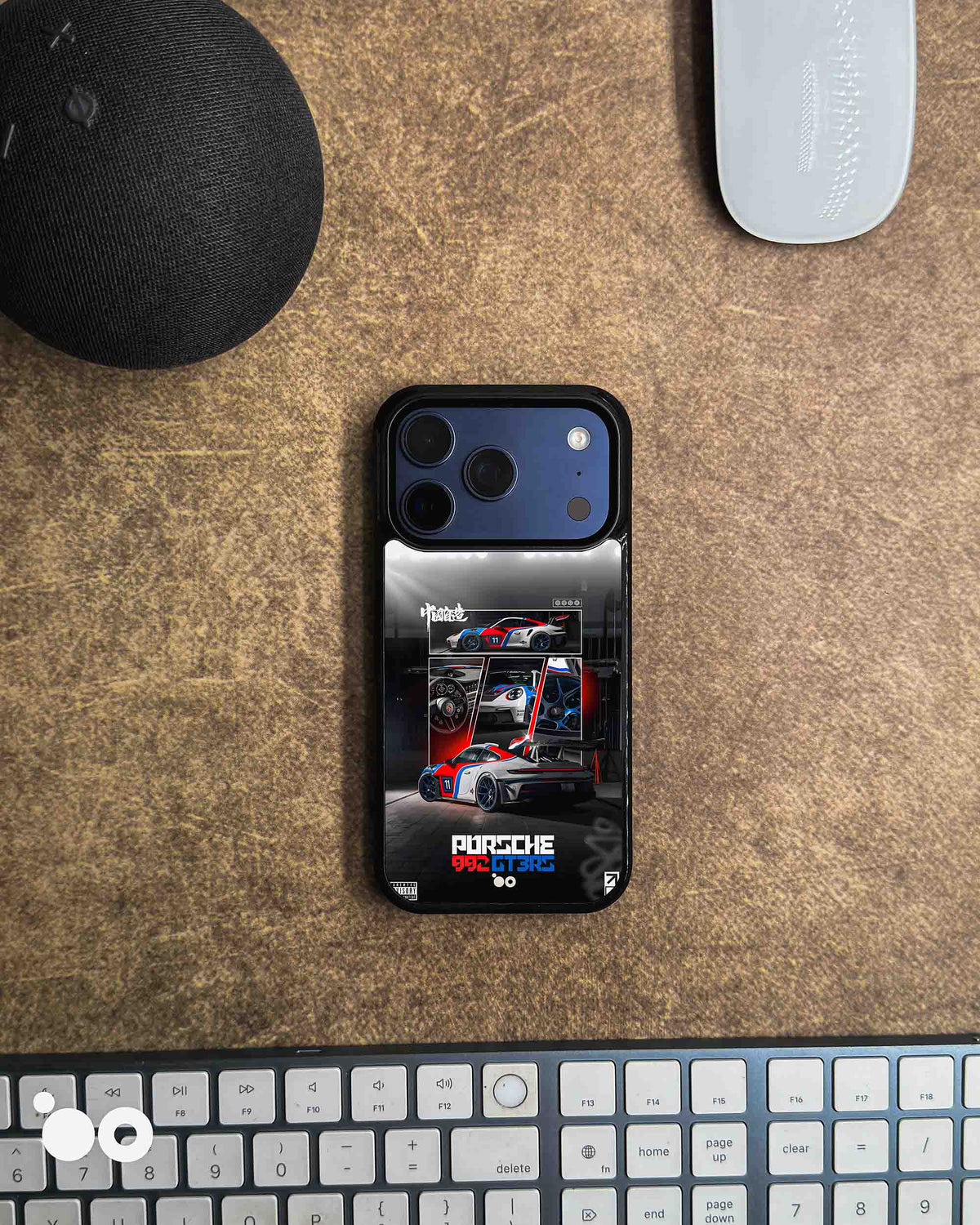 Porsche 911 GT3 RS iPhone case featuring a motorsport collage of racing cars, detailed graphics and red, blue and black accents.