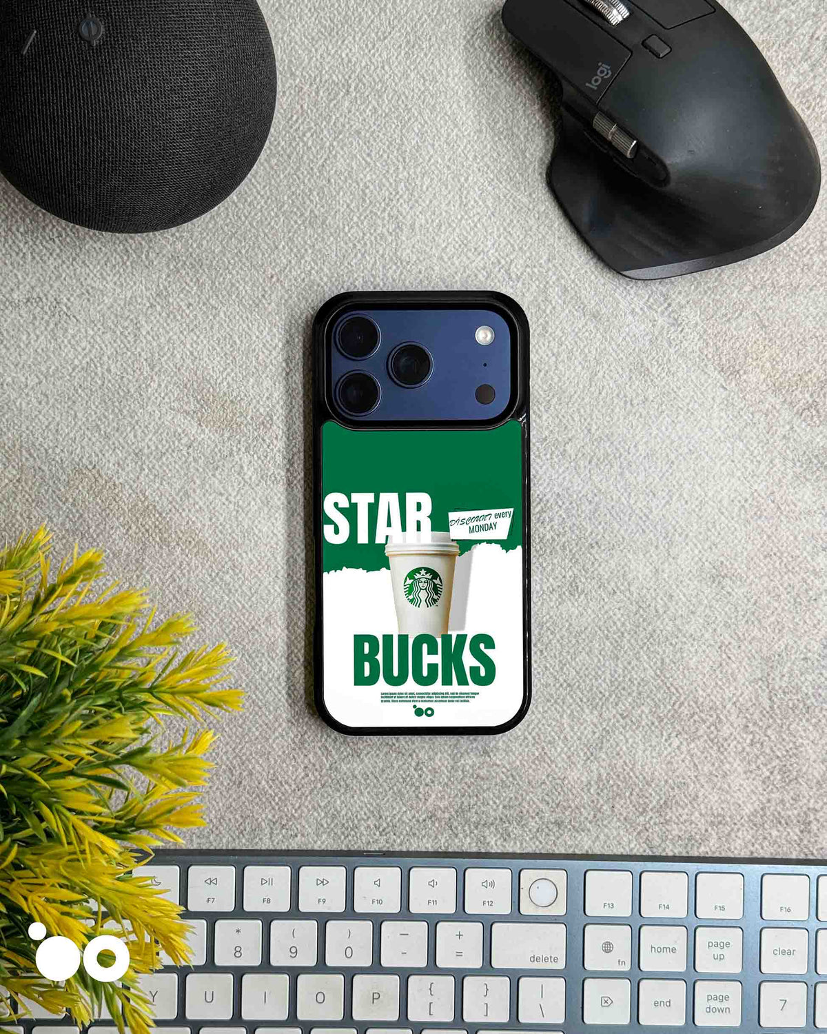 Coffee Break iPhone case design with Starbucks takeaway cup, bold green and white typography and torn-paper graphics