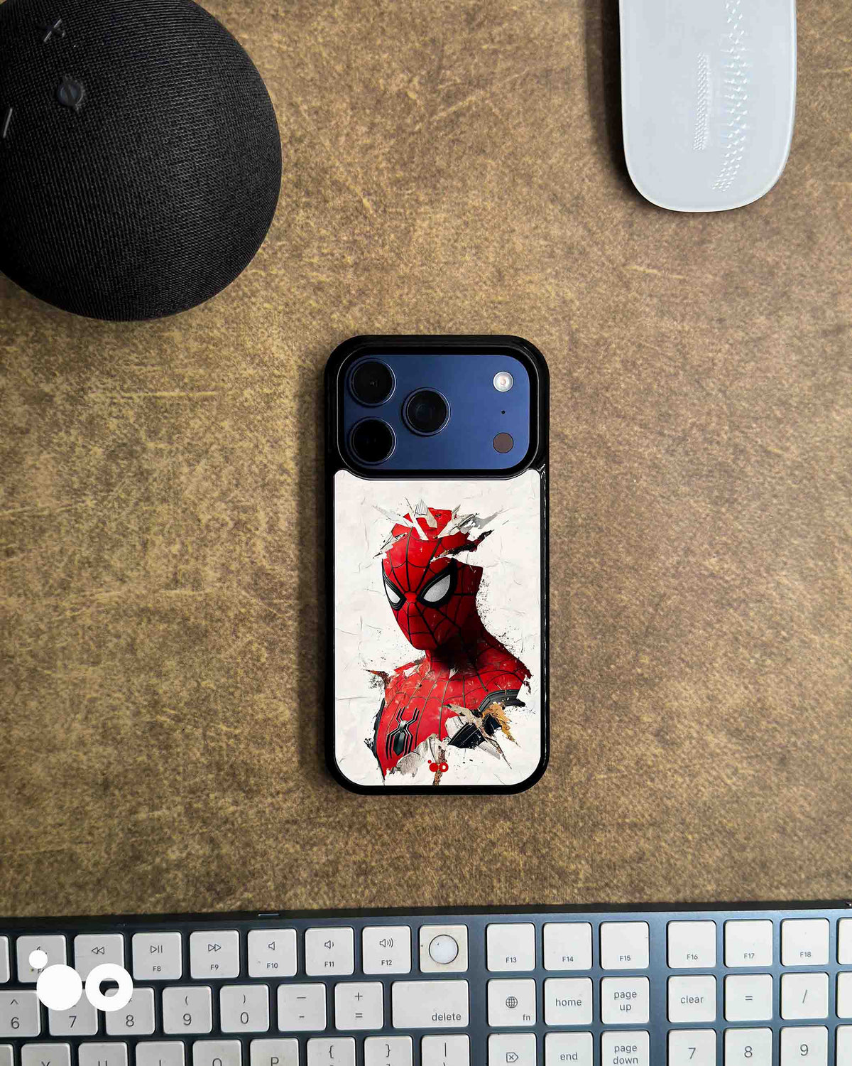 Shattered Web Spider-Man iPhone case featuring red superhero artwork with torn-paper effects on a distressed white background