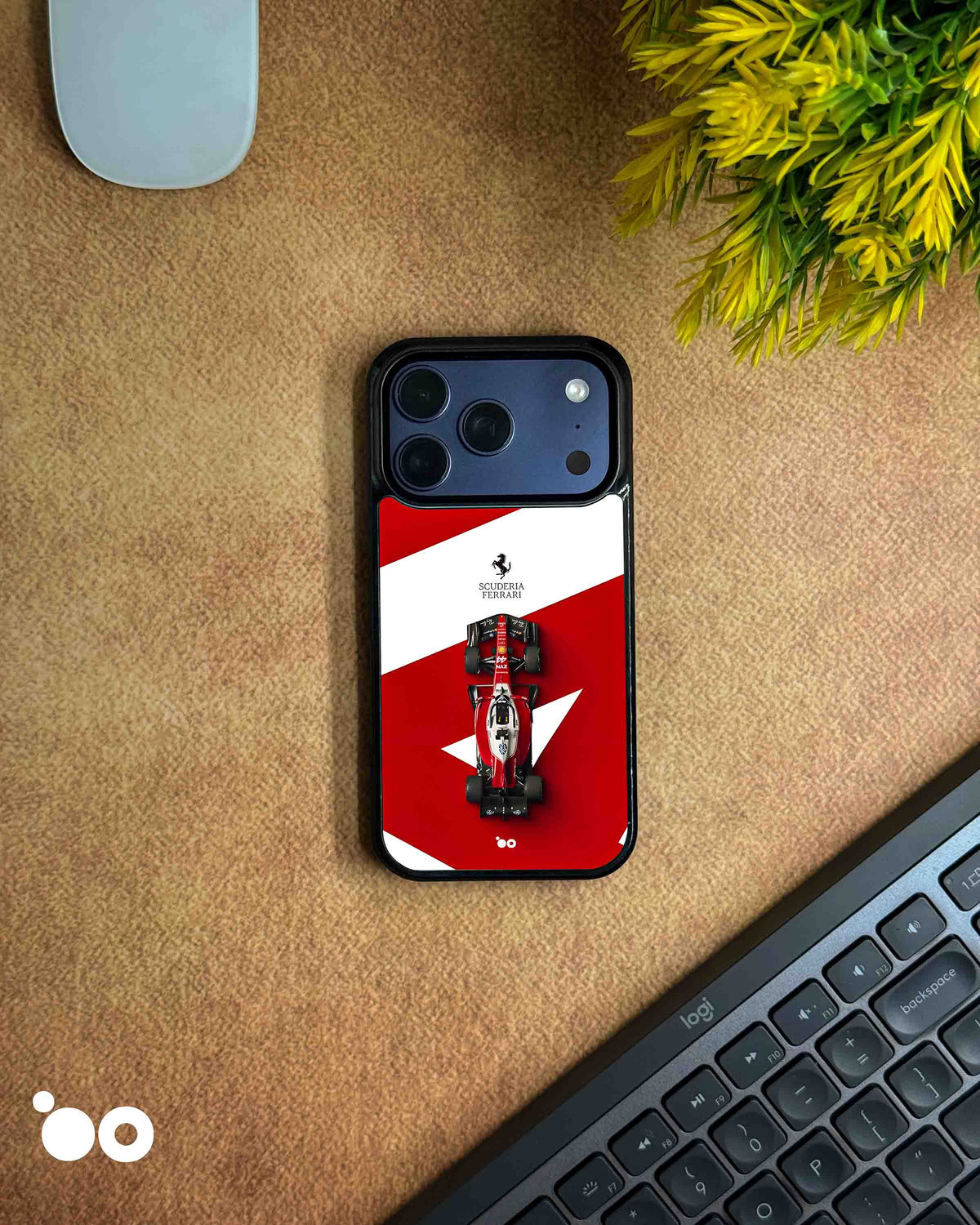 Scuderia Ferrari Racing iPhone case featuring a top-view Ferrari Formula 1 car, prancing horse logo and red-white graphics