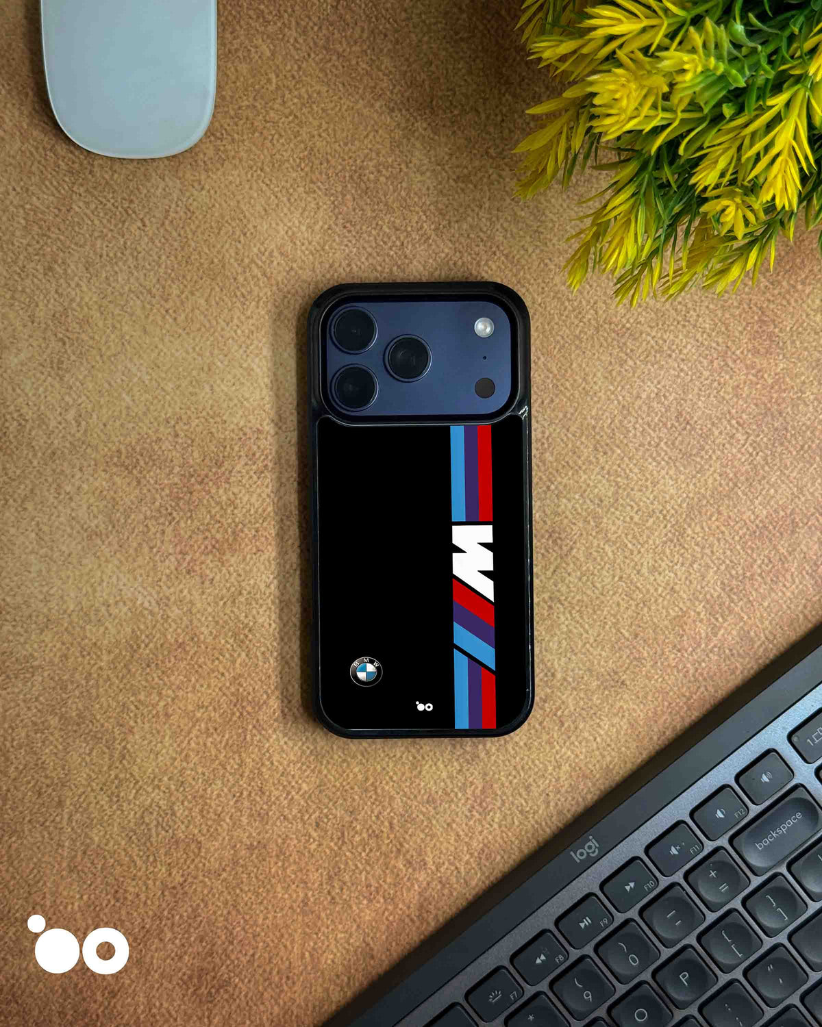 BMW M Stripes designer iPhone case featuring iconic blue, purple and red BMW M racing stripes with white M logo on black.