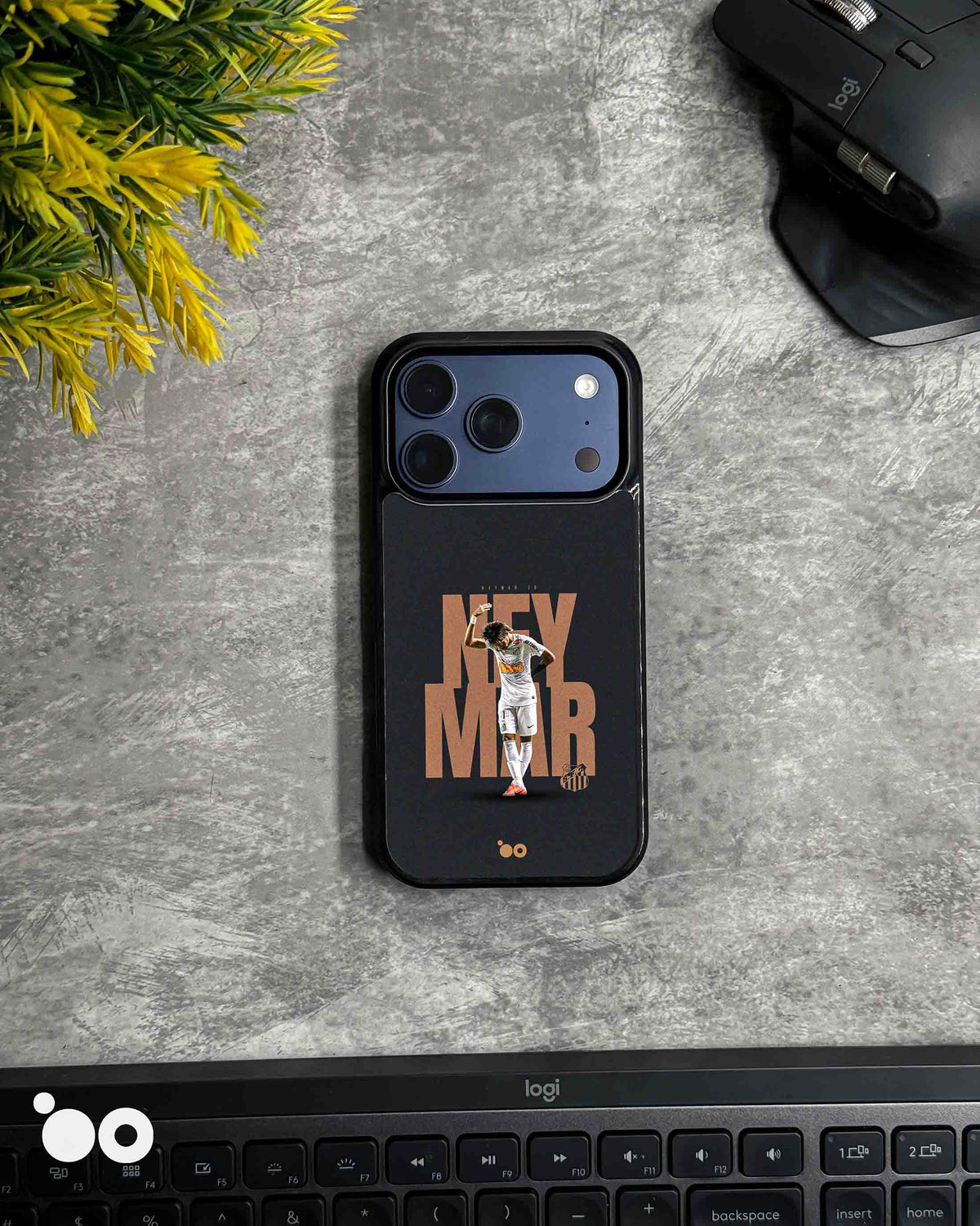 Neymar Santos Legacy iPhone case featuring Neymar Jr in a white Santos FC kit with bronze typography on a dark background