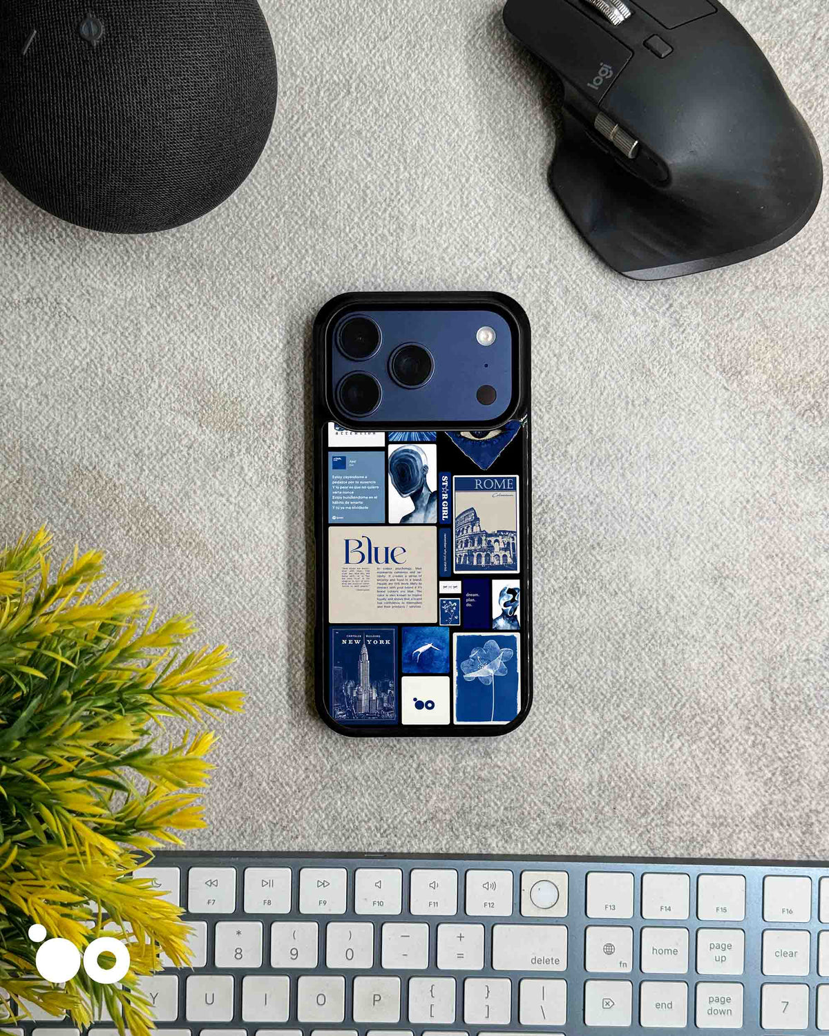 Blue Reverie designer iPhone case featuring a blue aesthetic collage of Rome, New York, floral art and vintage typography.