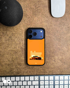 Orange Fury iPhone case featuring an orange Dodge Challenger muscle car, smoky burnout and bold Challenger typography