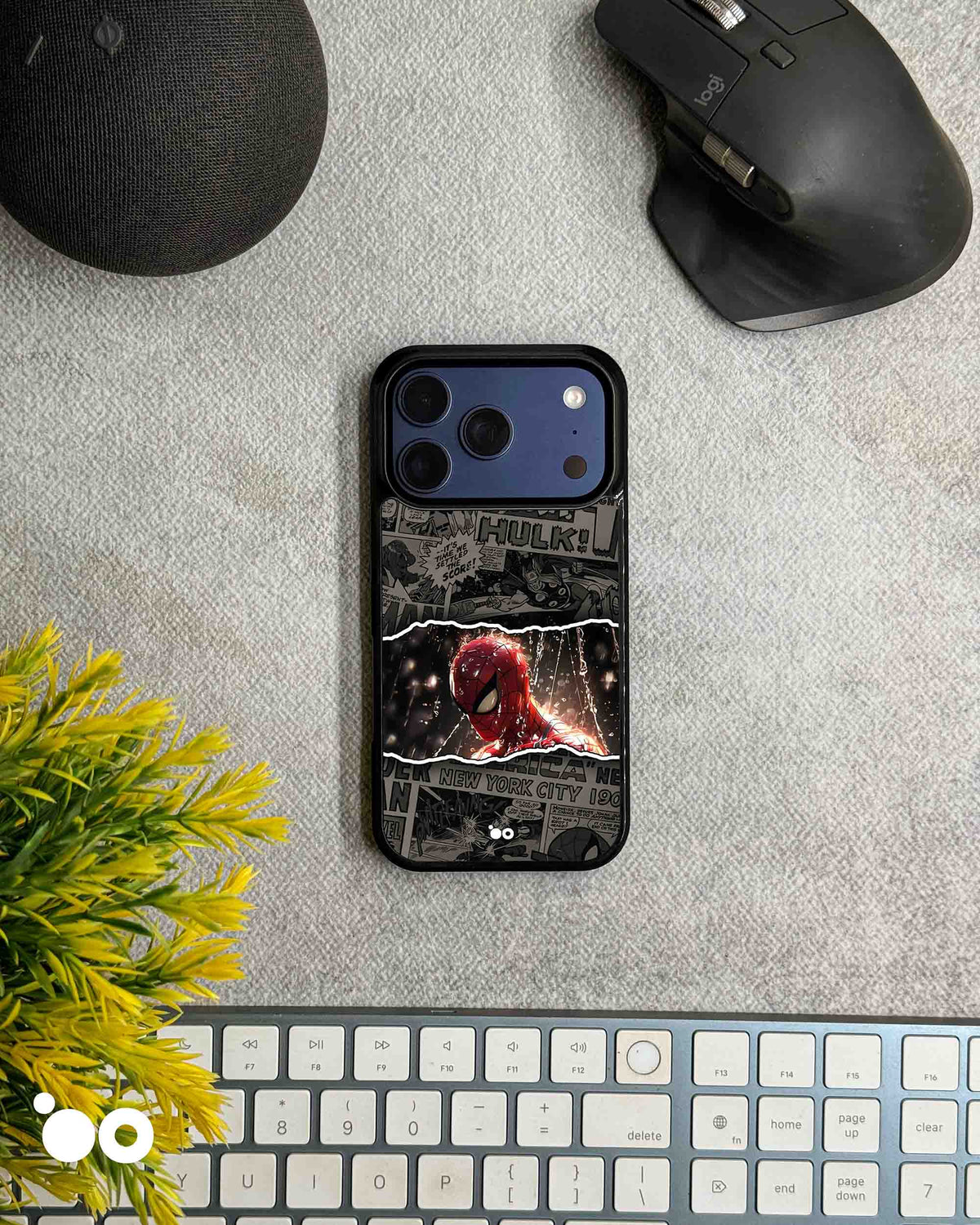 Spider-Man Comic Rain iPhone case featuring a rain-soaked Spider-Man portrait over black and white comic panels