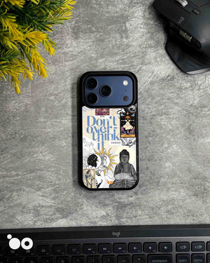 Cosmic Reverie designer iPhone case featuring celestial sun and moon artwork, tarot cards, Buddha and blue typography.