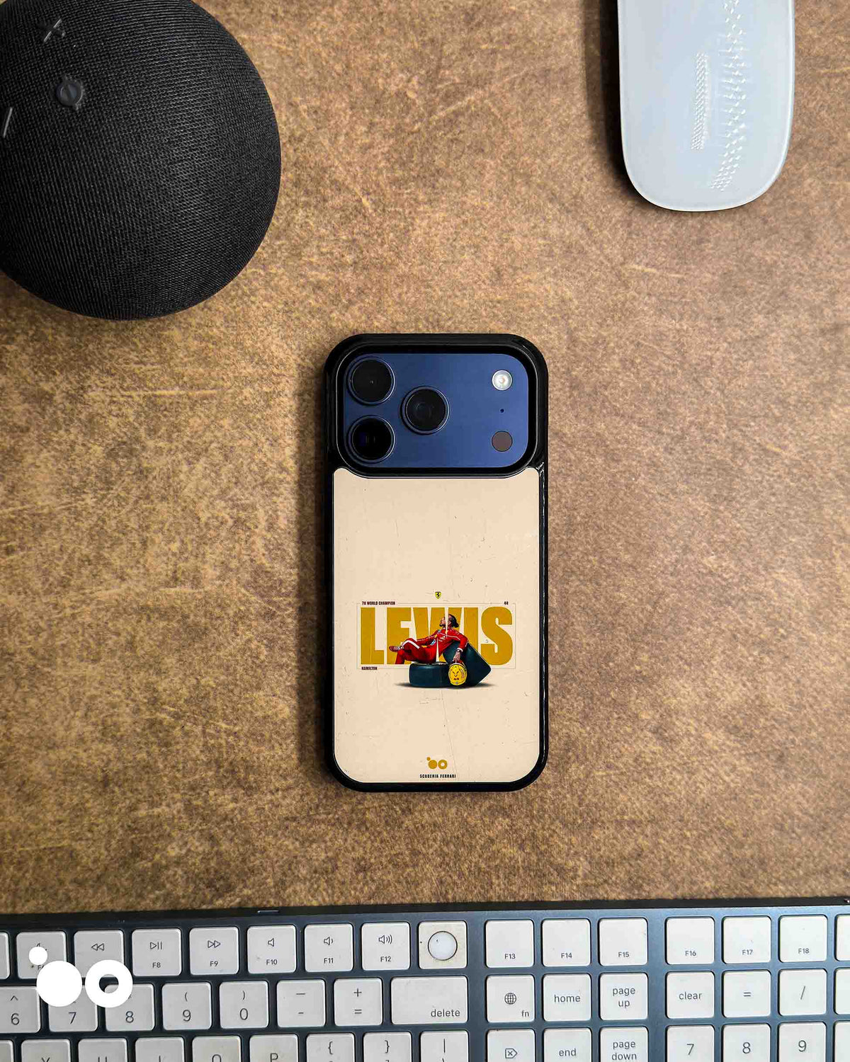 Hamilton 44 iPhone case featuring Lewis Hamilton in a red Ferrari racing suit, golden typography and vintage cream artwork
