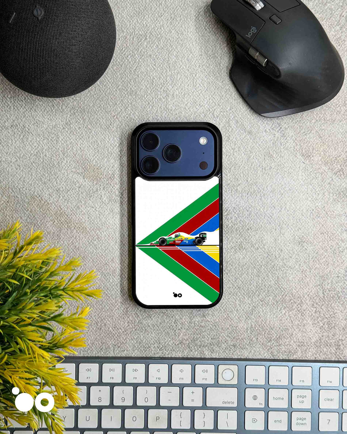 Benetton B194 Formula 1 iPhone case featuring a vintage F1 racing car with green, blue, red and yellow geometric stripes
