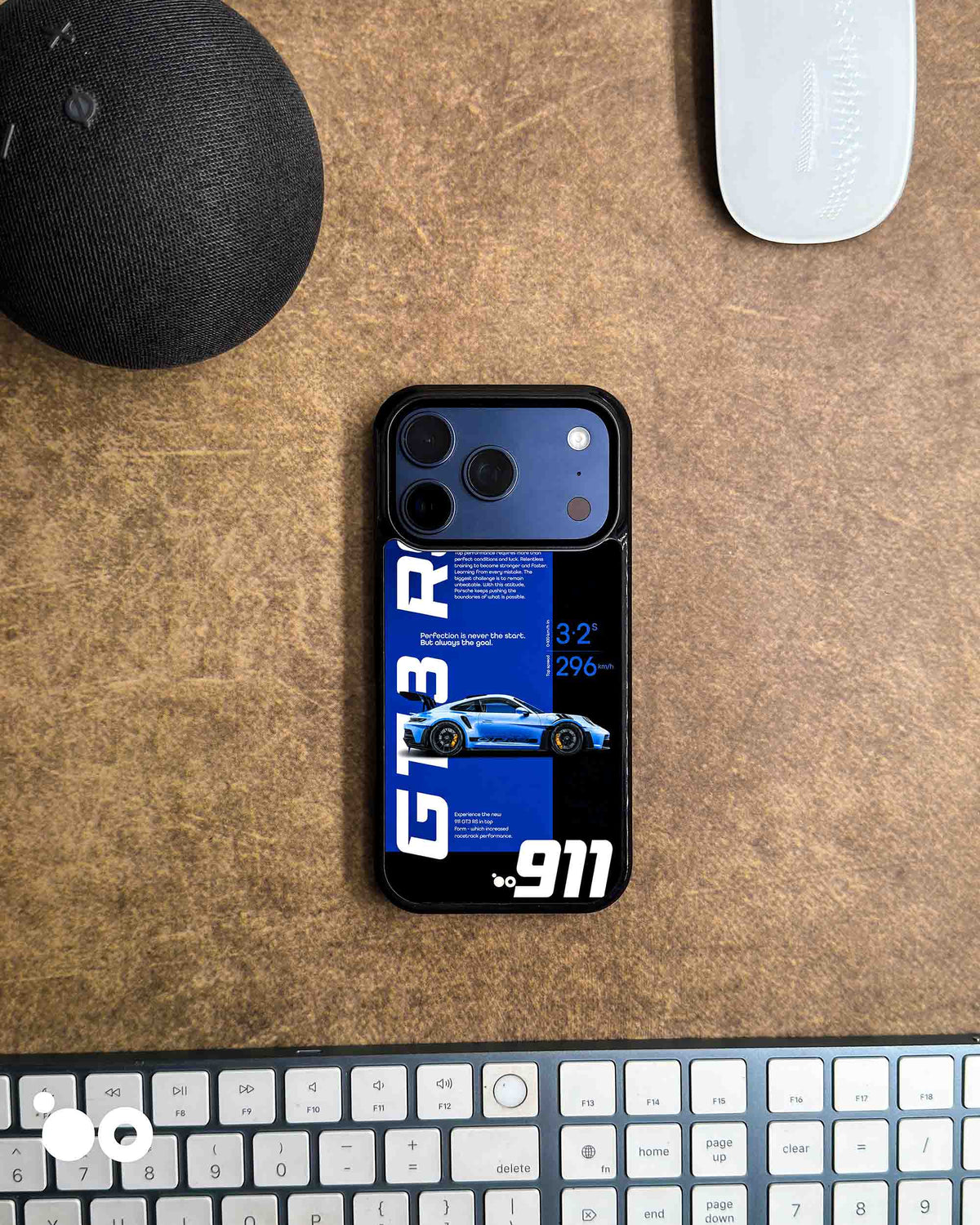Porsche 911 GT3 RS Blue iPhone case featuring a blue sports car in side profile, bold GT3 RS typography, racing specifications and 911 graphics on a blue and black background.