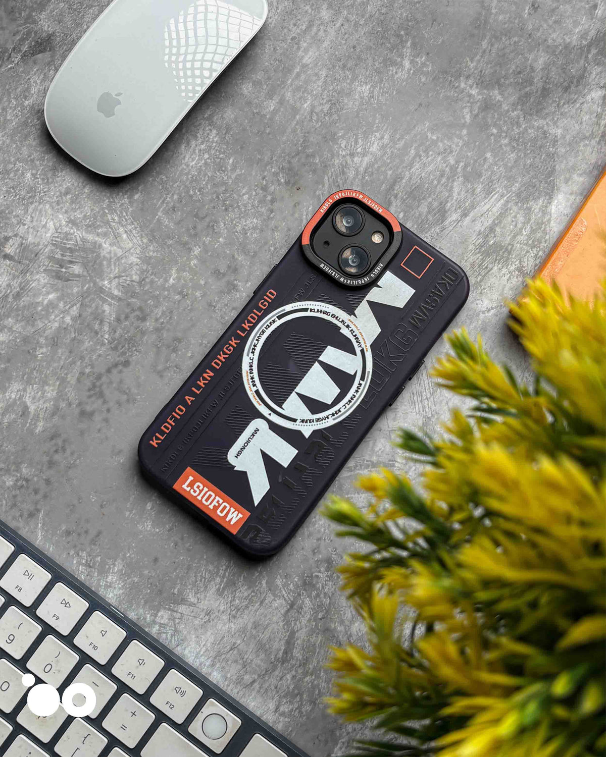 MWK Midnight Navy semi-transparent iPhone case with silver typography, circular graphic and orange accents