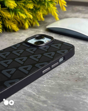 Vogue Leather Midnight Black iPhone case with subtle charcoal triangle motifs across a textured black back