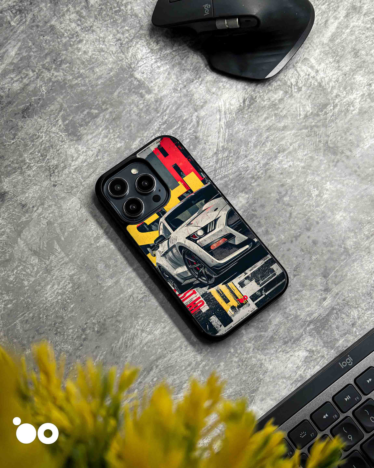 Street Venom iPhone case featuring a white Ford Mustang muscle car with distressed red, yellow and black typography