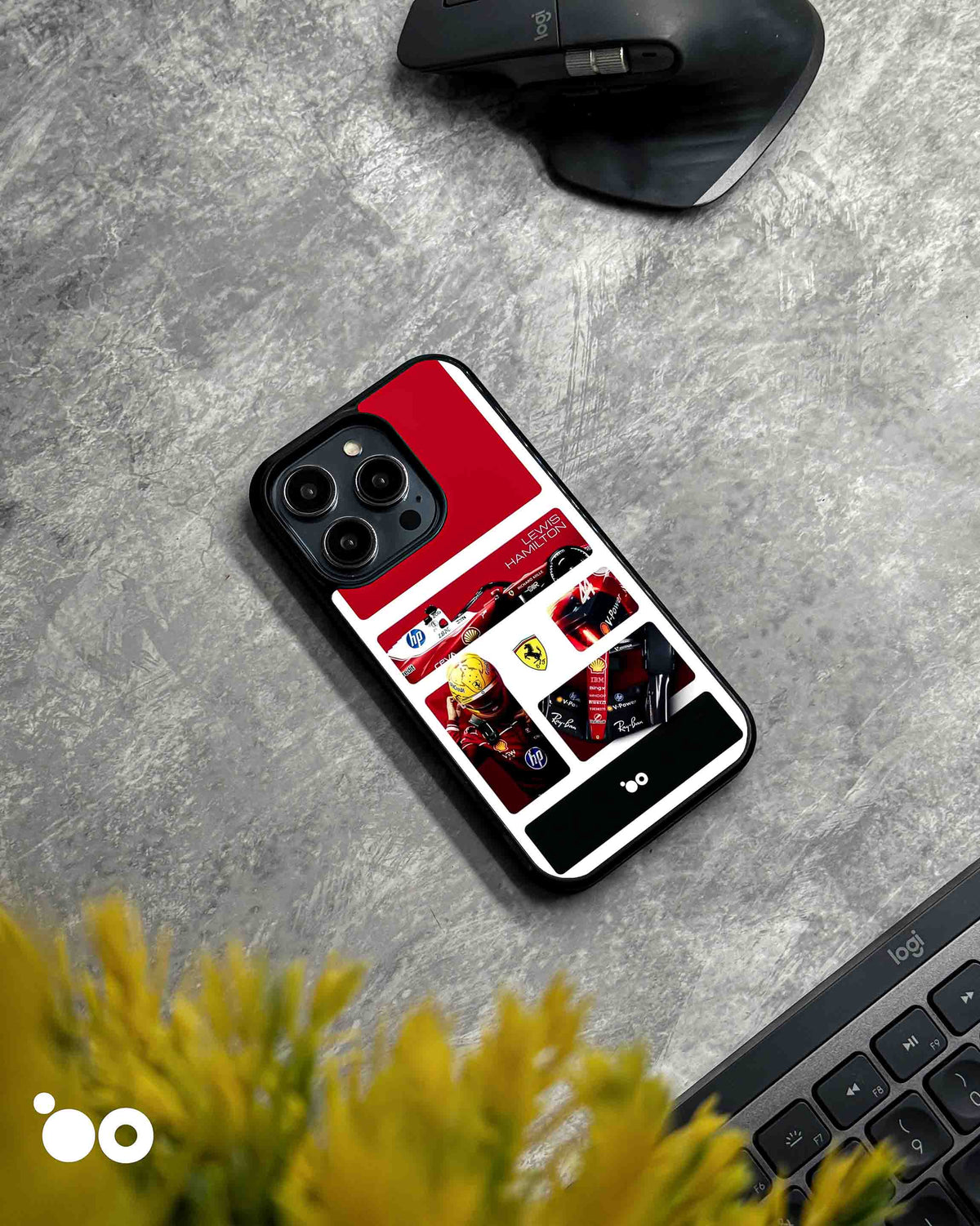 Hamilton in Red iPhone case featuring Lewis Hamilton in Ferrari racing gear, F1 car artwork and red racing collage