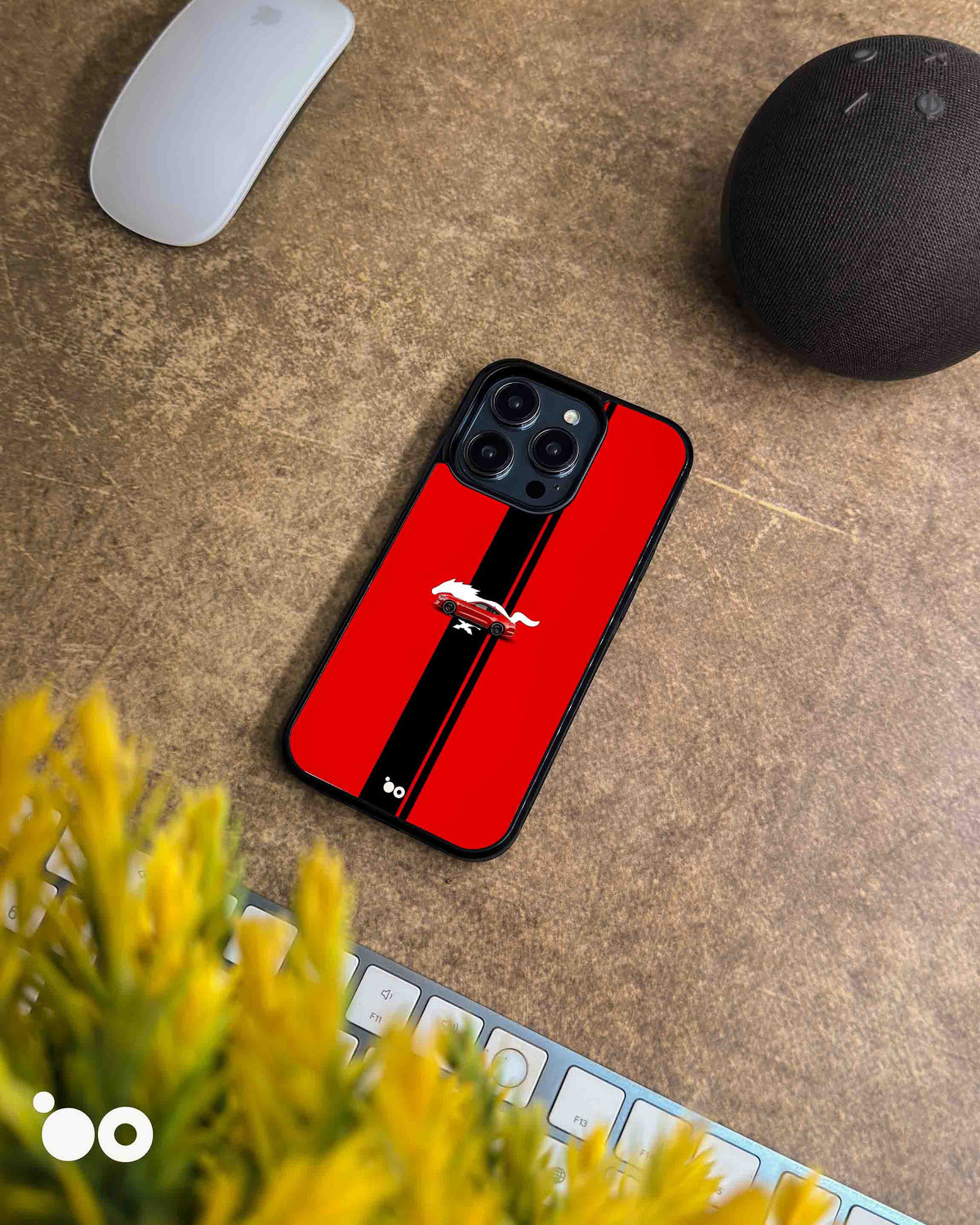 Scarlet Stallion iPhone case featuring a red Ford Mustang, white pony silhouette and black racing stripes. 