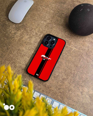 Scarlet Stallion iPhone case featuring a red Ford Mustang, white pony silhouette and black racing stripes. 