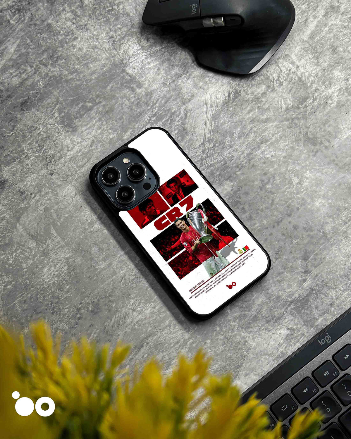 Ronaldo European Legacy iPhone case featuring Cristiano Ronaldo holding the Champions League trophy in a red CR7 collage