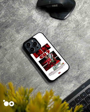 Ronaldo European Legacy iPhone case featuring Cristiano Ronaldo holding the Champions League trophy in a red CR7 collage