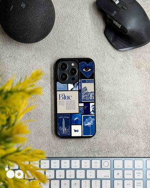 Blue Reverie designer iPhone case featuring a blue aesthetic collage of Rome, New York, floral art and vintage typography.