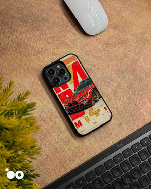 BMW M4 GT3 Redline designer iPhone case featuring a red and black BMW M4 GT3 race car with bold motorsport graphics.