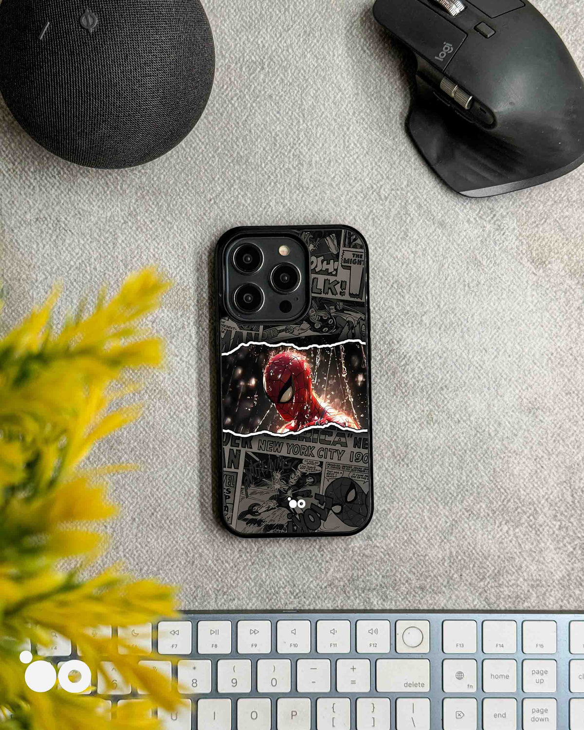 Spider-Man Comic Rain iPhone case featuring a rain-soaked Spider-Man portrait over black and white comic panels