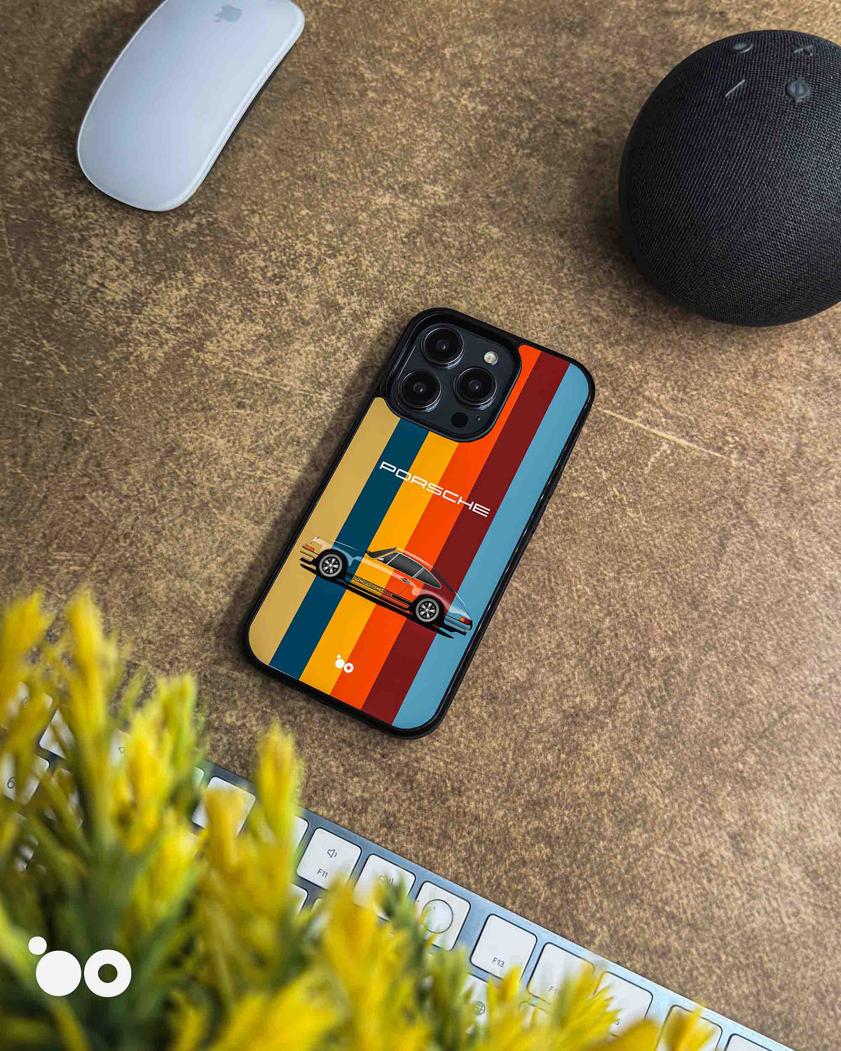 Heritage Stripe Porsche iPhone case featuring a classic 911 sports car, retro multicolour vertical stripes and Porsche lettering.