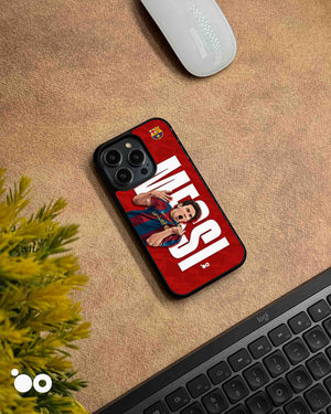 Lionel Messi Barcelona 10 iPhone case with red background, bold white typography and illustrated shirt-pull celebration