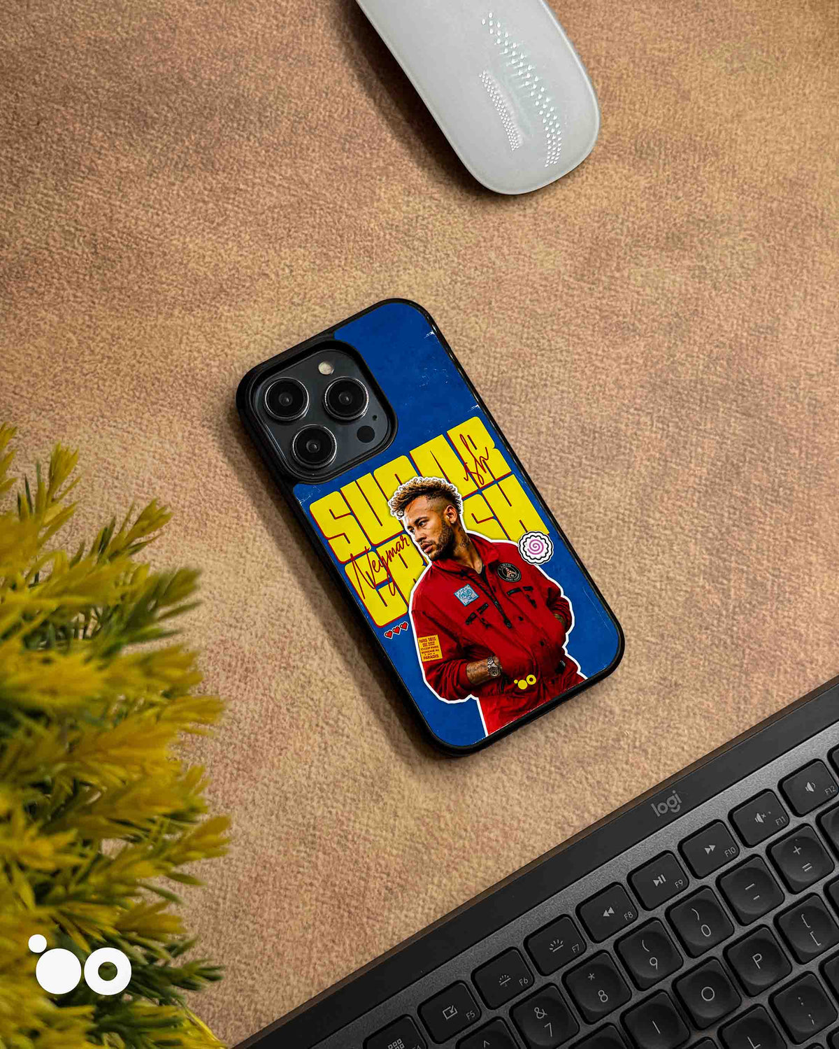 Neymar Sugar Crush iPhone case featuring Neymar Jr in a red PSG outfit with bold yellow typography on a blue background