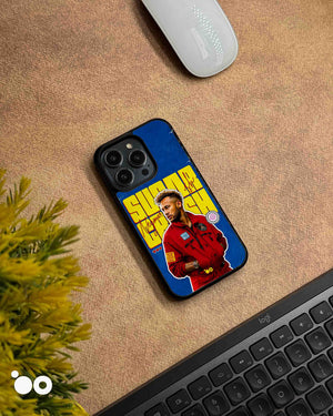 Neymar Sugar Crush iPhone case featuring Neymar Jr in a red PSG outfit with bold yellow typography on a blue background